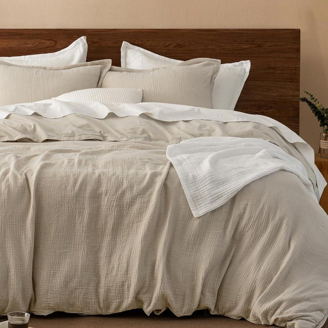 PHF 100% Cotton Muslin Duvet Cover Queen Size, 3-Layer Guaze Ultra Soft Breathable Textured Linen Like, 3pcs Bedding Comforter Cover Set for All Season, Duvet Set with 2 Pillow Shams, 90"x90", Natural