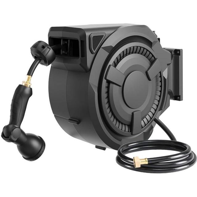 Hose Reel 1/2 in x 100 ft, 180° Swivel Wall-Mounted Garden Hose Reel, Hose Reels for Outside Lock at Any Length, Slow Return System Retractable Hose, Water Hose Reel with 10-Pattern Nozzle, Black