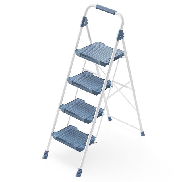 KINGRACK 4 Step Ladder, Sturdy Step Stool with Handrail, Anti-Slip Wide Pedals, Foldable Step Stool for Home, Garage, Garden, Blue, Safety Locking, Pass 900LBS Testing