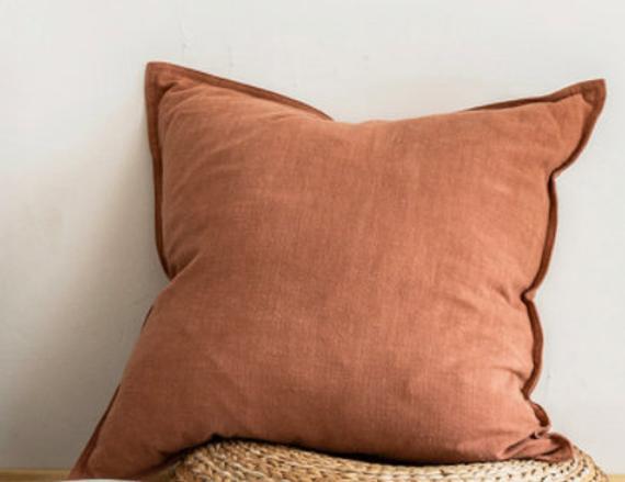 Solid Washed Cotton Linen Terra Cotta Clay 18in x18in Square Decorative Throw Pillow Cushion Cover for Bedroom or for Couch, Includes Insert
