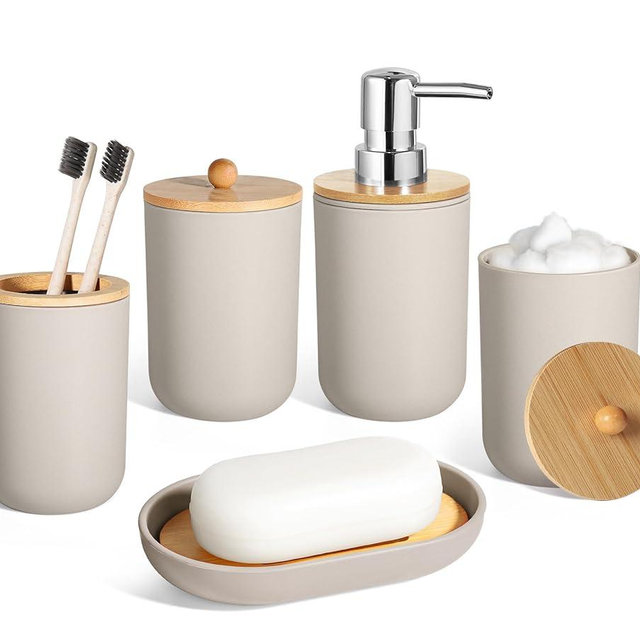ALPIRIRAL Bathroom Accessories Set 5 Pcs, Plastic Beige Bathroom Decor, Soap Dispenser and Toothbrush Holder Set, Soap Dish, Cotton Swab Jar, Bathroom Set, Boho Bathroom Organizer Accessory