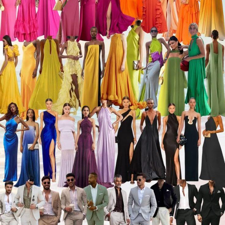 Bright, fun, and formal. Think vibrant dresses and polished suits.