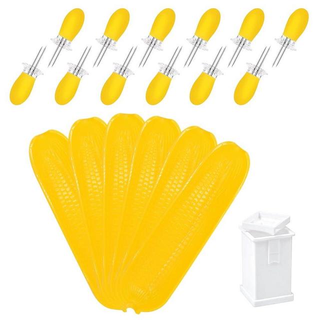 Corn Dishes and Corn Holders Set Kits, PEOUWNES Corn on The Cob Holders, Corn Cob Holders Skewers BBQ Twin Prong Holders, Includes 12 Stainless Steel Corn Holders, 6 Corn Trays and Butter Spreader