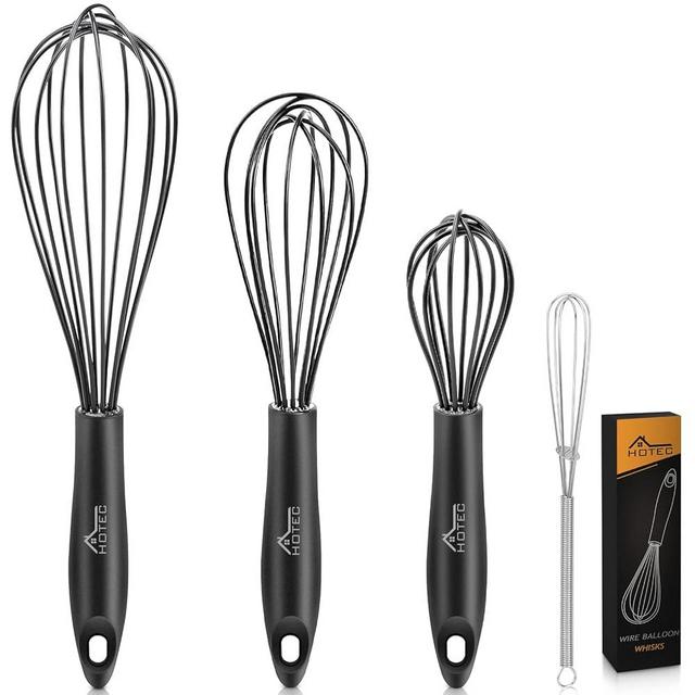 HOTEC 4 Pieces Silcone Whisks Set, Wire Balloon Whisks Egg Beater, Non-slip Handle Whisk for Non-stick Cookware Perfect for Cooking, Stirring, Beating and Blending (Black)