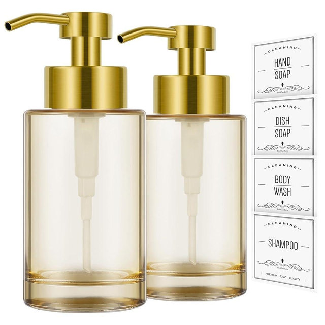 Glass Soap Dispenser 2 Pack, 12oz Thick Glass Gold Hand Liquid Soap Dispenser for Bathroom & Kitchen