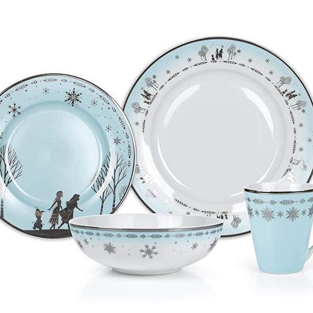 Robe Factory LLC Disney Frozen 2 Anna & Elsa Themed Dinnerware Dining Set | Official Disney Collectible Ceramic Display | Includes Plates, Bowls, and Mugs | 16-Piece Set