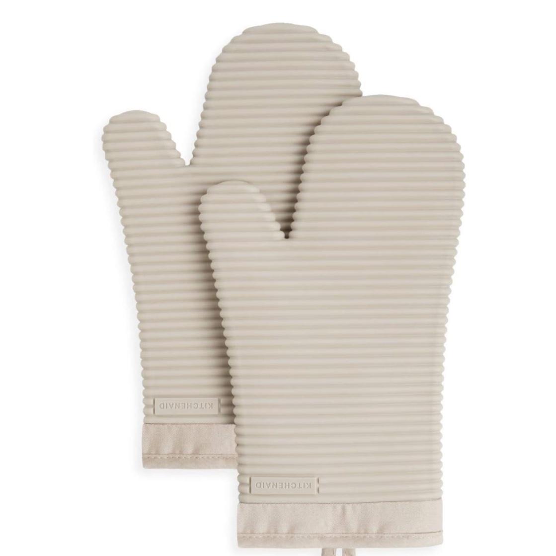 KitchenAid Ribbed Soft Silicone Oven Mitt Set, 7"x13", Milkshake 2 Count