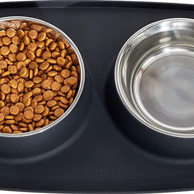 Gorilla Grip Slip Resistant Pet Bowls and Silicone Feeding Mat Set, Catch Water and Food Mess, Raised Edges for No Spills, Stainless Steel Cat and Dog Dish Bowl for Small and Large Pets, 2 Cups, Black
