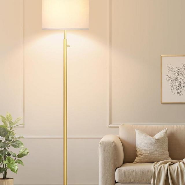 Nintiue 【Upgraded】 Dimmable Floor Lamp for Living Room, 11W LED Bulb Included, Modern Standing Lamp, Tall Pole Light with Linen Shade for Bedroom Reading Office Corner Nursery-Gold