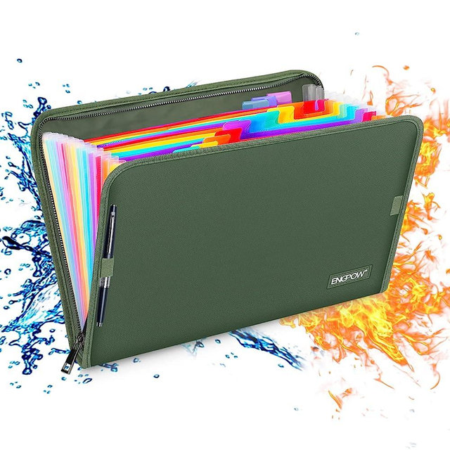 13 Pocket Expanding File Folder,ENGPOW Fireproof Accordion File Folder Document Organizer with Zipper Closure,Document Folder Safe with Colorful Tabs,A4 Letter Size for Travel,Home,Office,Green