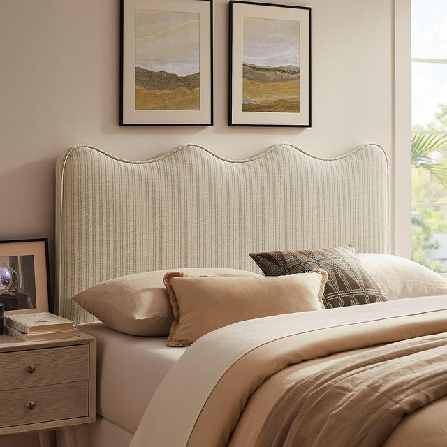 Monday Athena Striped Fabric Upholstered Full Size Adjustable Headboard in Oatmeal Stripe - with Scalloped Wave Design and Soft Linen-Like Fabric