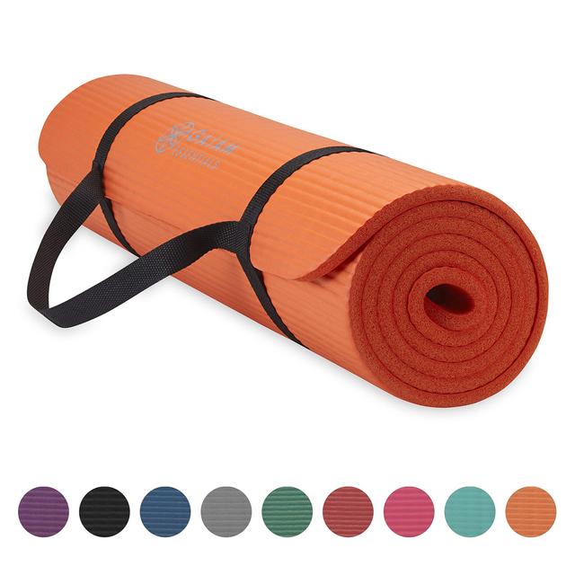 Gaiam Essentials Thick Yoga Mat Fitness & Exercise Mat with Easy-Cinch Yoga Mat Carrier Strap, Orange, 72&quot;L x 24&quot;W x 2/5 Inch Thick