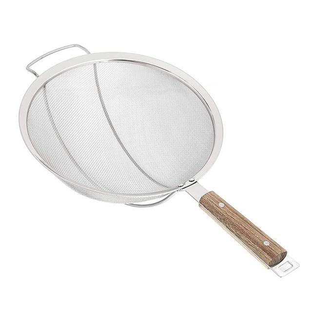 AmazonCommercial Stainless Steel Double Fine Mesh Strainer, Acacia Handle, 9.75 Inch