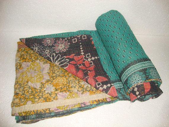Vintage Light weight Kantha Quilt Reversible Throw Bedspread Bedding E1263