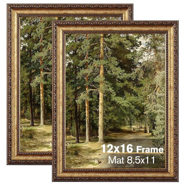 Splinterix 12x16 Gold Picture Frame, 2 Pack Ornate Vintage Picture Frames for Wall or Tabletop Display, 12x16 Photo Frame Gold with Real Glass, Display Poster 8.5x11 with Mat or 12x16 without Mat for Antique Déco