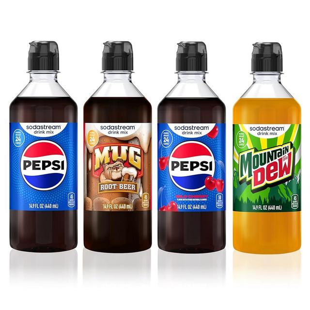 SodaStream Pepsi, Mug Root Beer, Pepsi Wild Cherry & MTN Dew New Pour Bottle, Variety Pack 440ml (Pack of 4)
