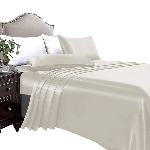ARTALL Silky Super Soft 4 Piece Deep Pocket Satin Sheet Set, Queen Size Beige
