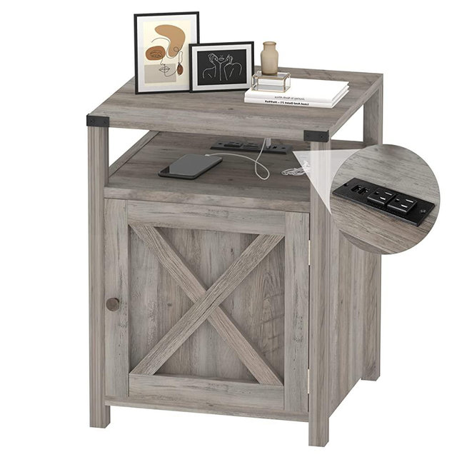 Farmhouse Nightstand with Charging Station, Rustic End Table Bedroom with Storage Living Room Side Table Gray Night Stand Industrial Bedside Bed Table with USB Ports and Outlets