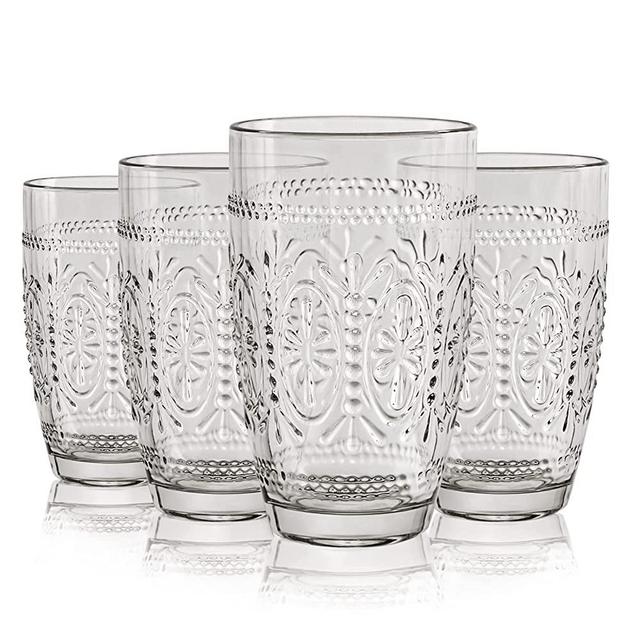 CREATIVELAND 4 Pack Colored Vintage Drinking Glasses, 15.5 oz Romantic Embossed Water Glasses, Colored Tumblers Tempered Glass, Vintage Glassware Set for Juice, Beverages, Beer, Cocktail(Gray)
