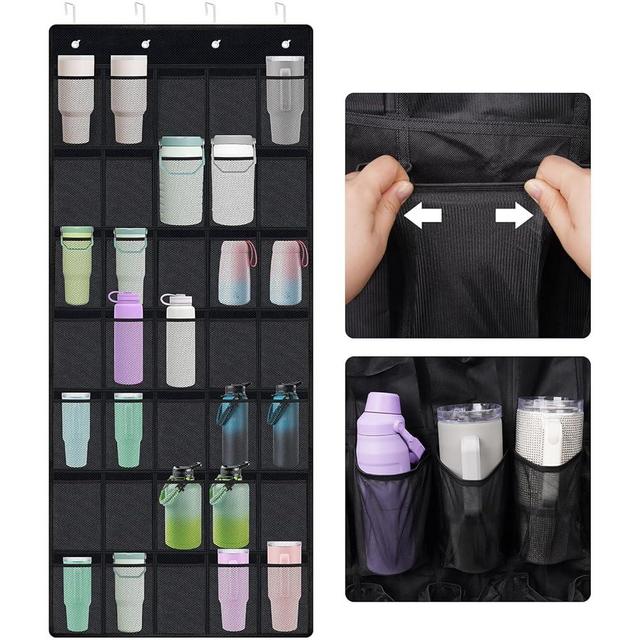 NiHome Multi-Functional 35 Pockets Door Hanging Organizer for Stanley Tumbler in Kitchen, Pantry, Bedroom, Bathroom, Large Capacity Elastic Mesh Secure Storage Cup Holder, Foldable for Home and RV Use