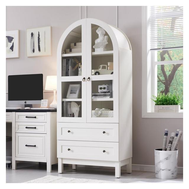 71″ Tall Arched Pantry Cabinet with 2 Drawers & Adjustable Shelves & glass doors, Modern Farmhouse kitchen Storage Cabinet, White