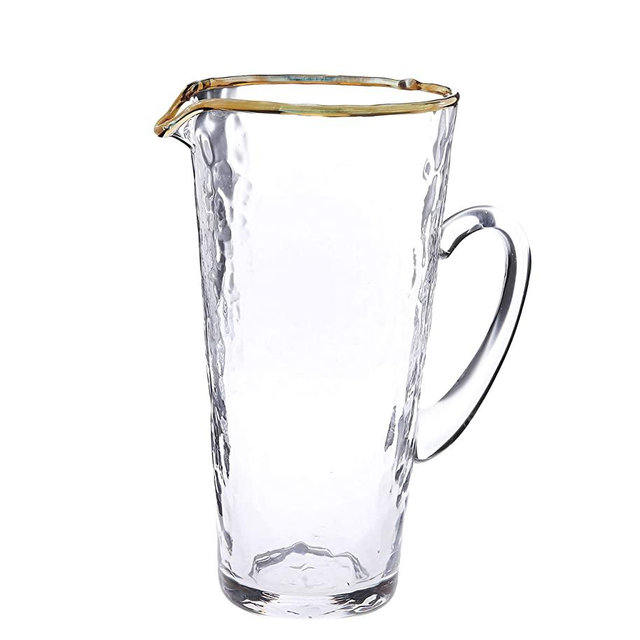 Pebbled Glass Water Pitcher with Gold Rim (10"H)