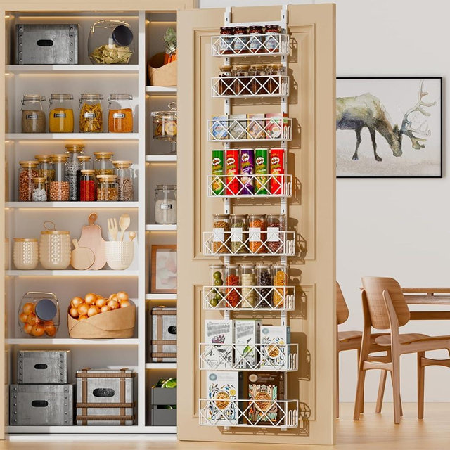 Over the Door Pantry Organizer 8-Tier Adjustable Baskets Hanging Spice Door Rack Narrow - 13.78" W x 65.16" H Behind the Door Storage for Kitchen, Bathroom, and Closet Organization-White