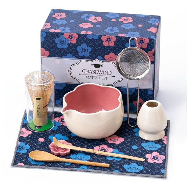 ChaseWind Matcha Set, 8Pcs Floral Ceramic Matcha Kit with Matcha Whisk, Holder, Scoop, Scoop Rest, Sifter, Spoon and Tea Towel - Thoughtful Matcha Whisk Set Gift for Matcha Lovers (Beige & Pink)