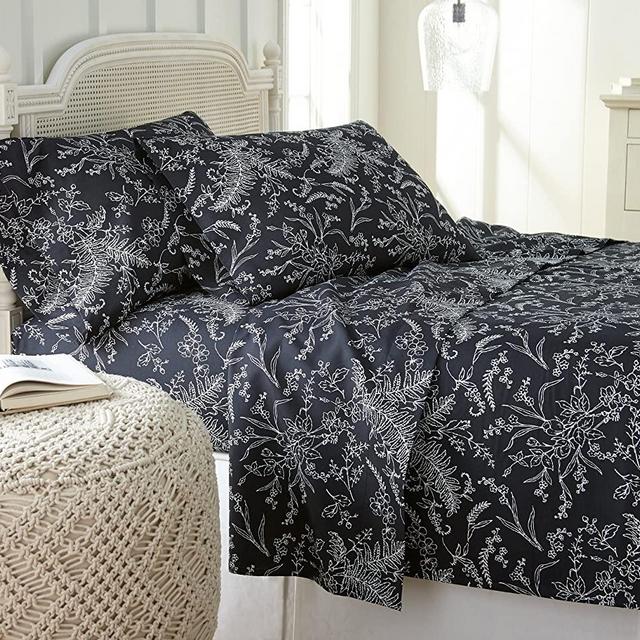 Winter Brush Collection, 4-Piece, 14-Inch Deep Pocket Sheet Set, Easy Care, Shrinkage Free Sheet Set with 1 Flat Sheet, 1 Fitted Sheet, 2 Pillowcases, Black with White Flowers, California King