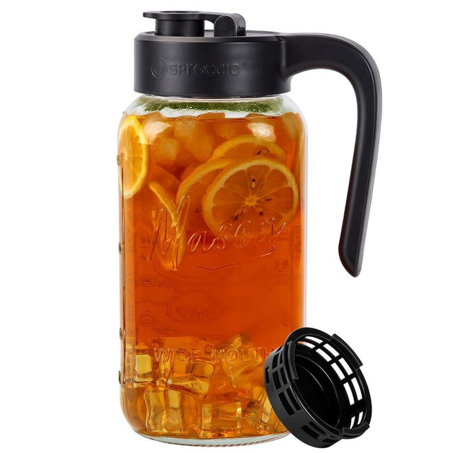 Spreccio Mason Jar Pitcher with Tea Filter, Airtight & Leakproof Glass Pitcher with Lid, 64 oz Sun Tea Glass Jar for Outside, Perfect for Sun Tea, Lemonade, and iced Tea