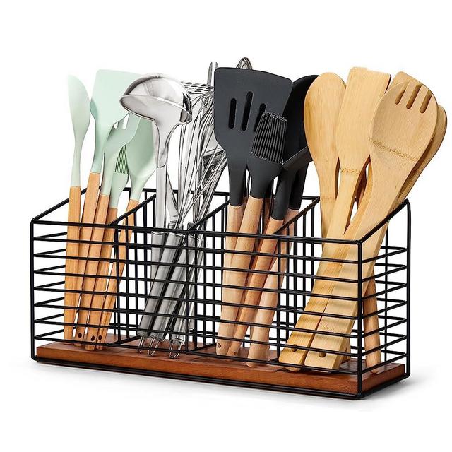 THYGIFTREE Large Utensil Holder for Kitchen Counter Black Metal Cooking Utensil Organizer for Countertop 4 Compartments Kitchen Tools Holder for Spatula Utensil Crock Caddy