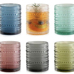 KMIGRUAN Colored Hobnail Drinking Glasses Set of 6,12oz Vintage Kitchen Glassware,Embossed Beaded Glass Cups,Water Tumbler for Cocktail,Juice and Various Mixed Drinks