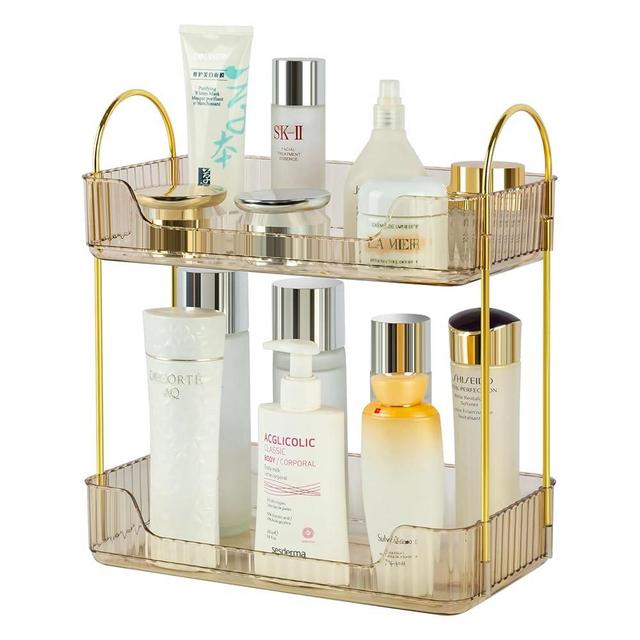 LileZbox Bathroom Counter Organizer Skincare Organizer Perfume Holder for Dresser Countertop Shelf Bathroom Countertop Tray for Cosmetic Skin Care Lipstick (Gold 2-storey)