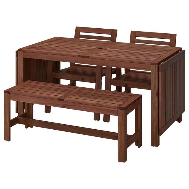 ÄPPLARÖ Table, 2 armchairs and bench, outdoor brown stained