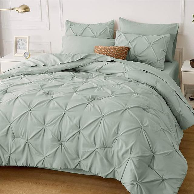 BEDSURE King Size Comforter Set - Bedding Set King 8 Pieces, Pintuck Bed in a Bag Sage Green Bed Set with Comforters, Sheets & Skirt, Pillowcases & Shams