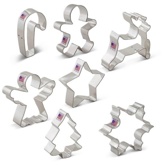 Christmas Cookie Cutter Set - 7 Piece - Snowflake, Star, Christmas Tree, Gingerbread Man, Angel, Leaping Reindeer and Candy Cane - Ann Clark - US Tin Plated Steel