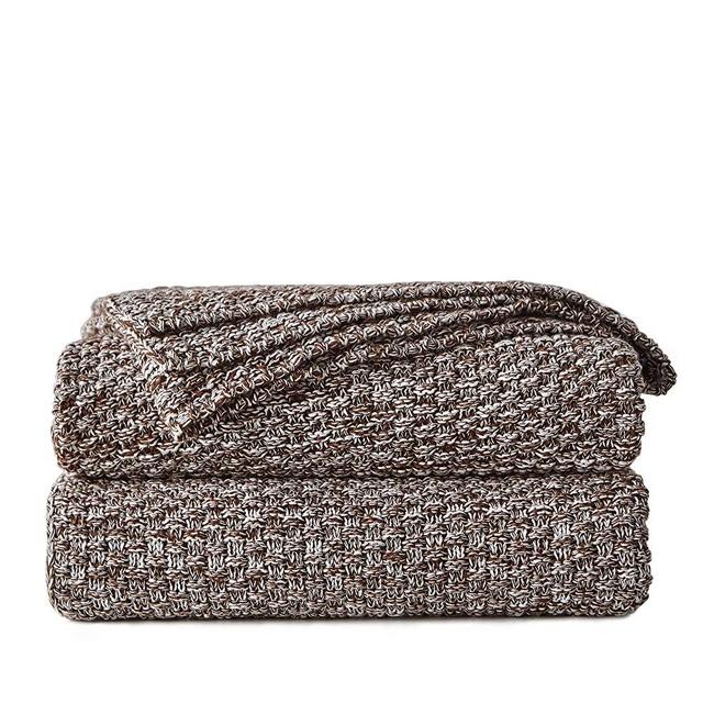 Longhui bedding Coffee Knitted Throw Blanket for Couch, Soft, Cozy Machine Washable 100% Cotton Sofa Knit Blankets, Heavy 3.0lb Weight, 50 x 63 Inches, Coffee and White Color.