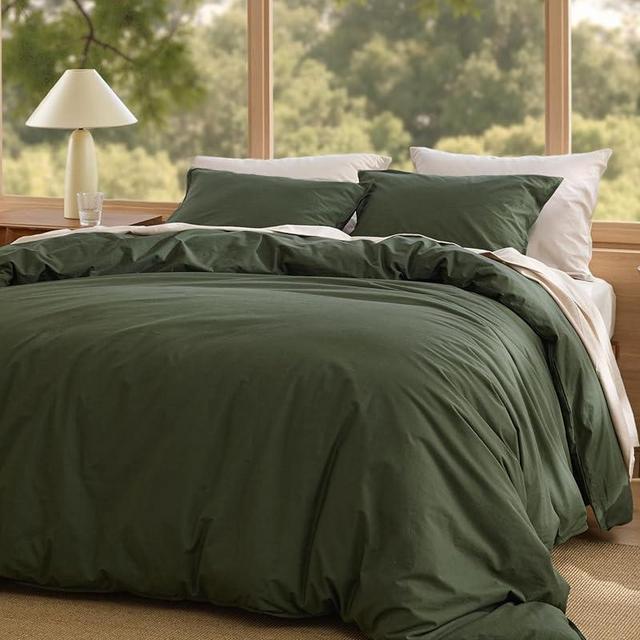 Bedsure Cotton Duvet Cover King - Luxury Slub Weave 100% Cotton Duvet Cover Set with a Linen Like Textured, Easy Change Durable Bedding Set 3 Pieces, Olive Green, 104" x 90"