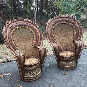 Pair of Rattan Peacock Fan Back Throne Chairs
