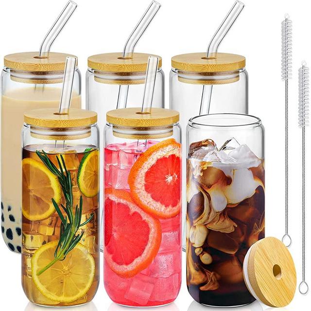 20 Oz Drinking Glasses with Bamboo Lids and Glass Straw - 6 Pcs Can Shaped Glass Cups Beer Glasses Ice Coffee Glasses Cute Tumbler Cup Great for Soda Boba Tea Cocktail Include 2 Cleaning Brushes
