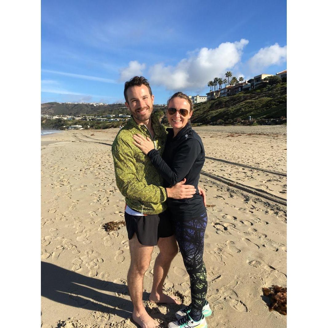 First photo as an engaged couple! Surprised on a morning run on Salt Creek Beach, Dana Point, California