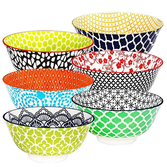 E-Gtong Ceramic Cereal Bowls, 27 OZ Vibrant Color Porcelain Bowls Set of 6, Ceramic Bowls for Soup, Pasta, Salad and Rice, Microwave & Dishwasher Safe