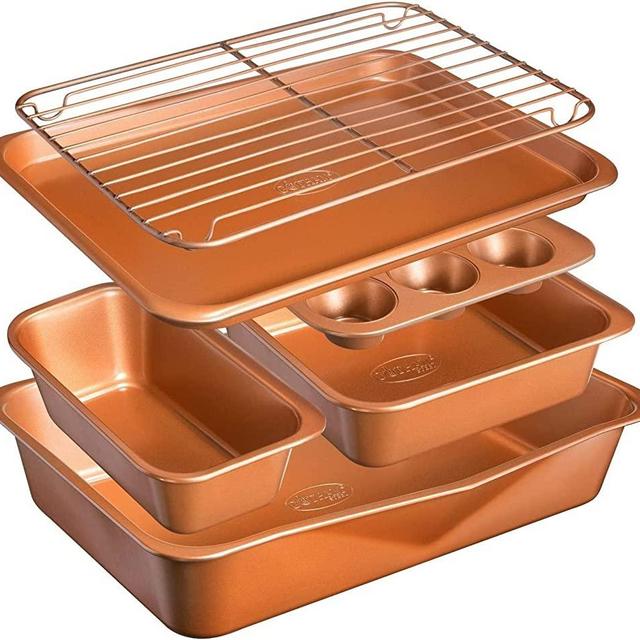 Gotham Steel 6 Piece Non Stick Ceramic Bakeware Set, Dishwasher Safe Stackable Baking Set, Baking Pans Set with Baking Pans, Loaf Pan, Muffin Tin, Air Fryer Rack & Baking Sheet for oven,100% PFOA Free