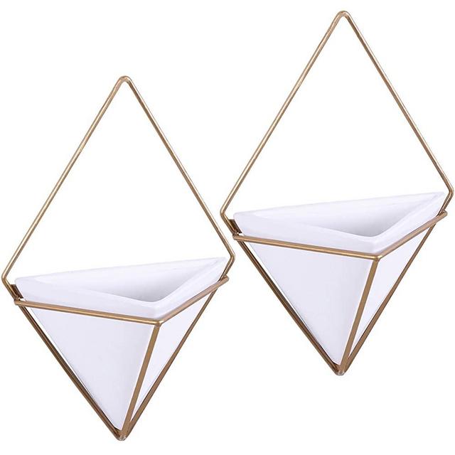 Triangle Air Plant Holder, Modern 11-Inch Geometric White Ceramic Hanging Wall Planters with Metal Frames, Set of 2