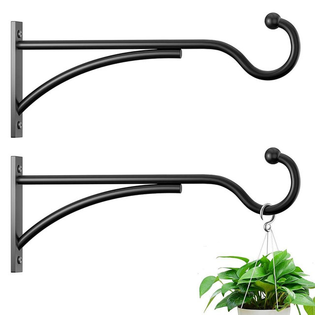 saffruff 11 Inch 2 Pack Outdoor Plant Hanging Hooks for Wall:Metal Bracket for Hanging Baskets, Bird Feeders, Wind Chimes, Flower Baskets, Yoga Mat, Lanterns, Black