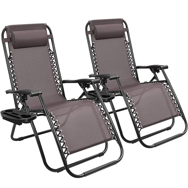 Devoko Patio Zero Gravity Chair Outdoor Folding Adjustable Reclining Chairs Pool Side Using Lawn Lounge Chair with Pillow Set of 2 (Brown)