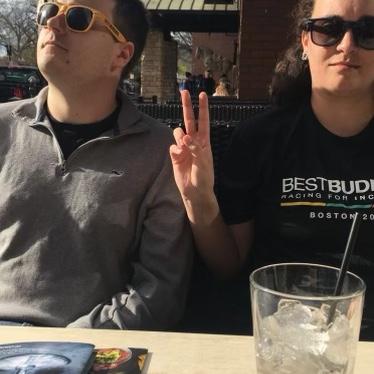 Hanging out at PF Changs with Lauren (she took the picture) while Madeline ran the Boston Marathon —- Maddy then tried to eat a banana off the ground