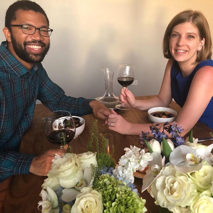 Our favorite photo the night of the engagement - Alex proposed in quarantine by surprising me with a private chef and huge bouquet of flowers - not to mention the ring (and some great wine)