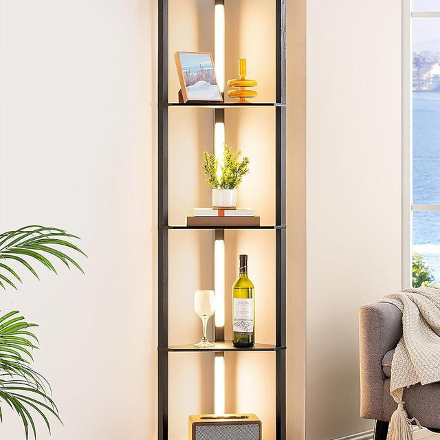 EDISHINE 64" Corner Display Shelf with Light, Modern Corner Floor Lamp with Shelves, 3CCT, Stepless Dimmable Standing Lamp for Living Room, Bedroom, Office, Dining Room, 3000K 4000K 5000K, Black