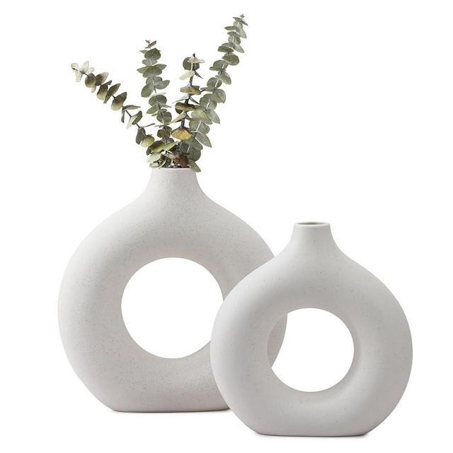 Fixwal Ceramic Vase for Modern Home Decor, White Donut Vases for Minimalist Decor, Hollow Round Matte Pampas Flower Vases for Boho Home Wedding Dinner Table Office Decor (2pcs)